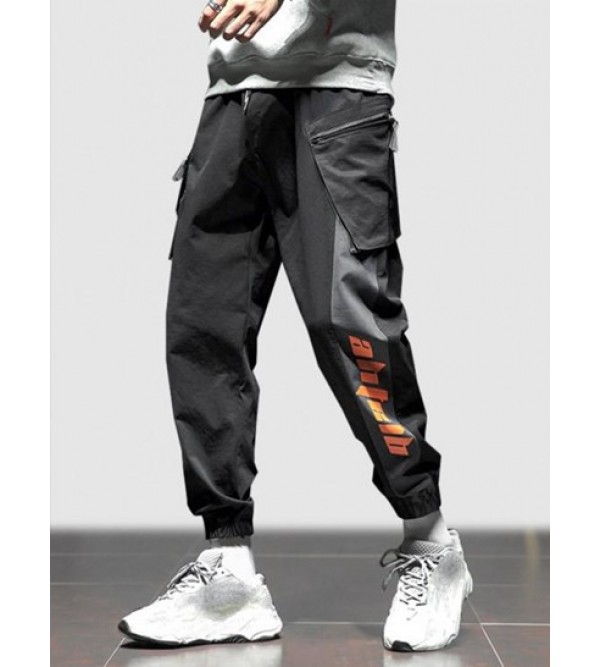Colorblock Letter Print Cargo Techwear Pants