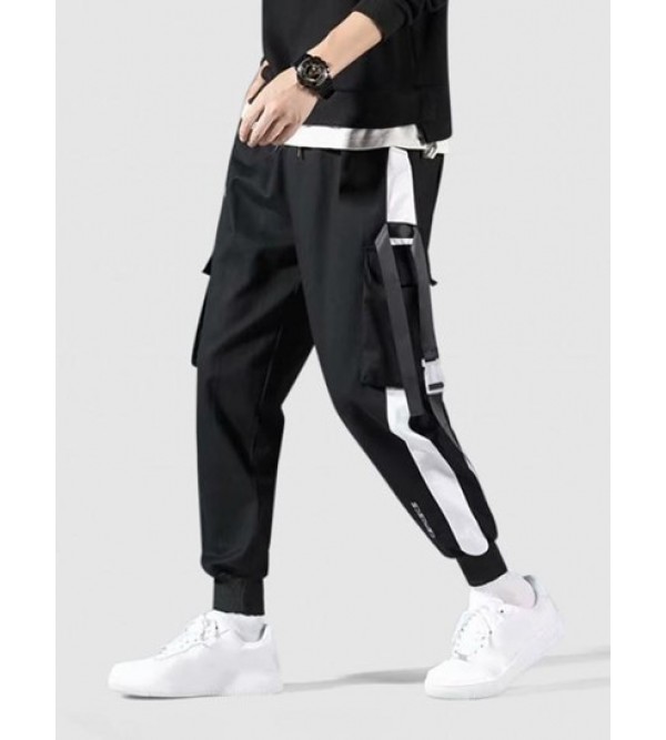 Colorblock Pockets Letter Print Drawstring Cargo Shorts