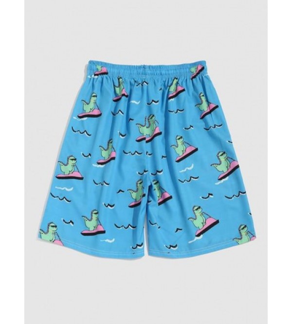 Cartoon Dinosaur Printed Drawstring Beach Shorts