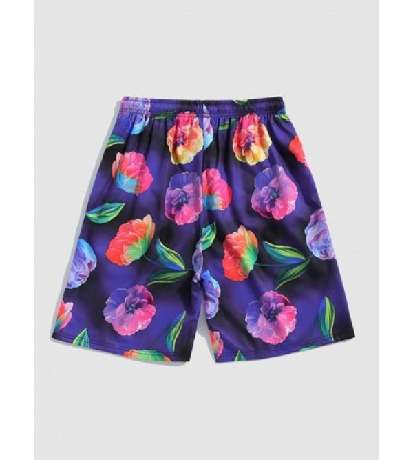 Floral Print Pocket Drawstring Beach Shorts