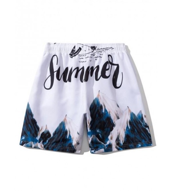 Mountain Painting Letter Print Drawstring Casual Shorts
