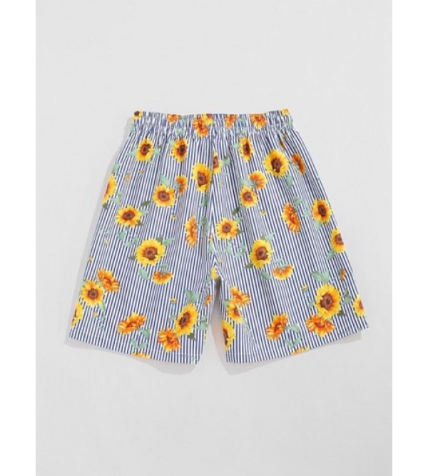 Vertical Striped Sunflower Print Board Shorts