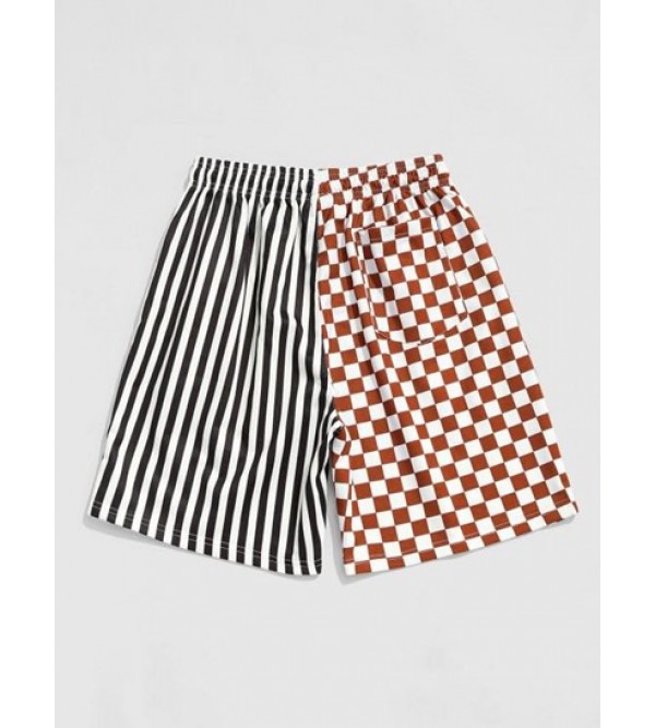 Drawstring Stripe Checkerboard Half Print Casual Shorts