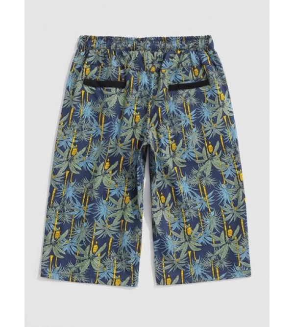 Drawstring Tropical Plant Print Beach Shorts