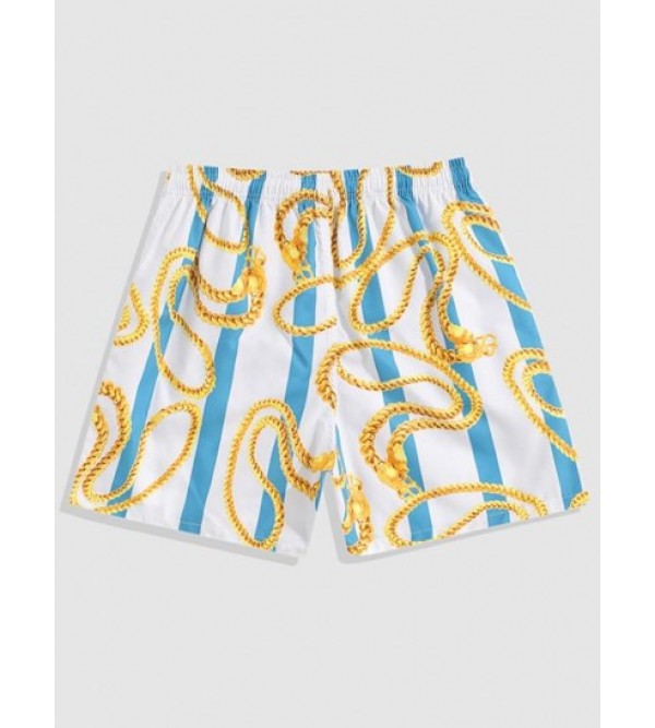 Contrasting Stripe Chain Print Vacation Shorts