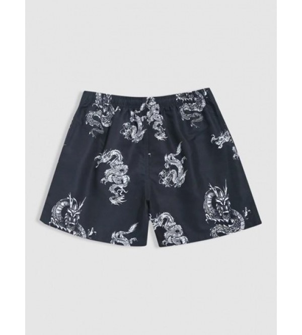 Chinese Style Dragon Print Vacation Beach Drawstring Shorts