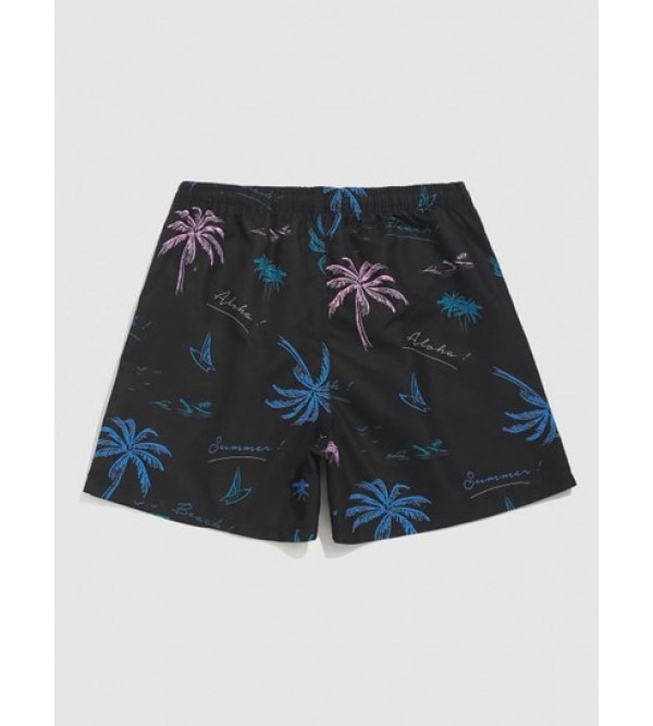 Hawaiian Letter Coconut Tree Graphic Print Drawstring Beach Shorts