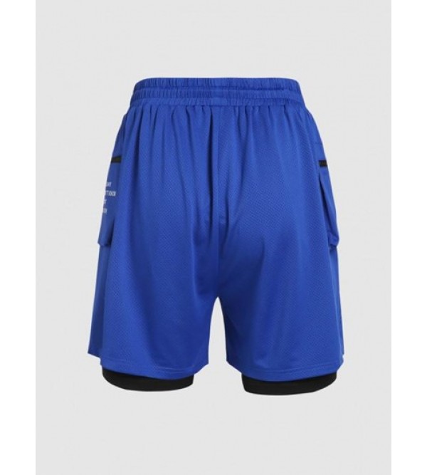 Letter Print Zipper Pocket Design Faux Twinset Sports Shorts