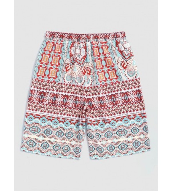 Ethnic Aztec Printed Pocket Drawstring Casual Beach Shorts