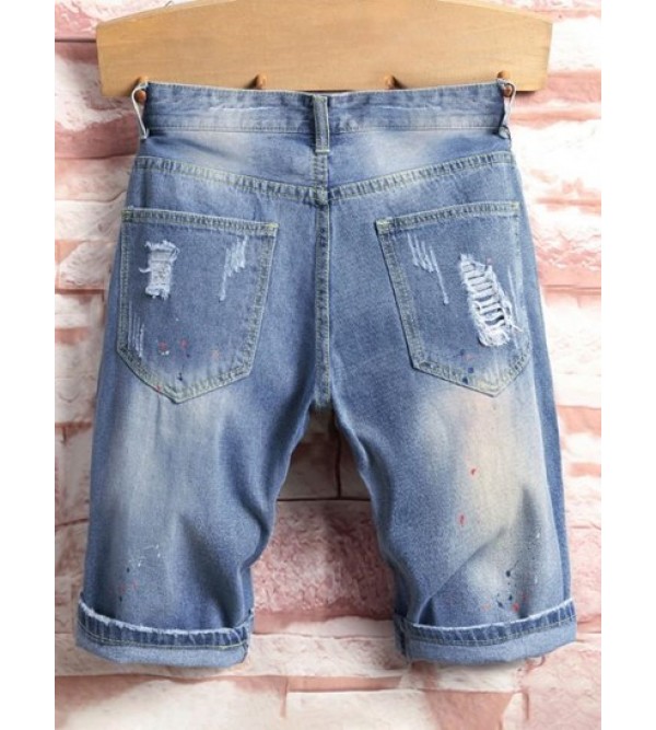Splash Paint Pattern Destroyed Denim Shorts