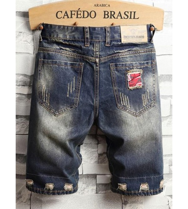 Patchwork Design Destroyed Denim Shorts