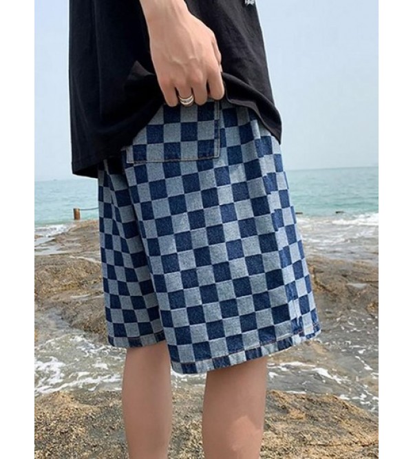 Checkerboard Pattern Drawstring Denim Shorts