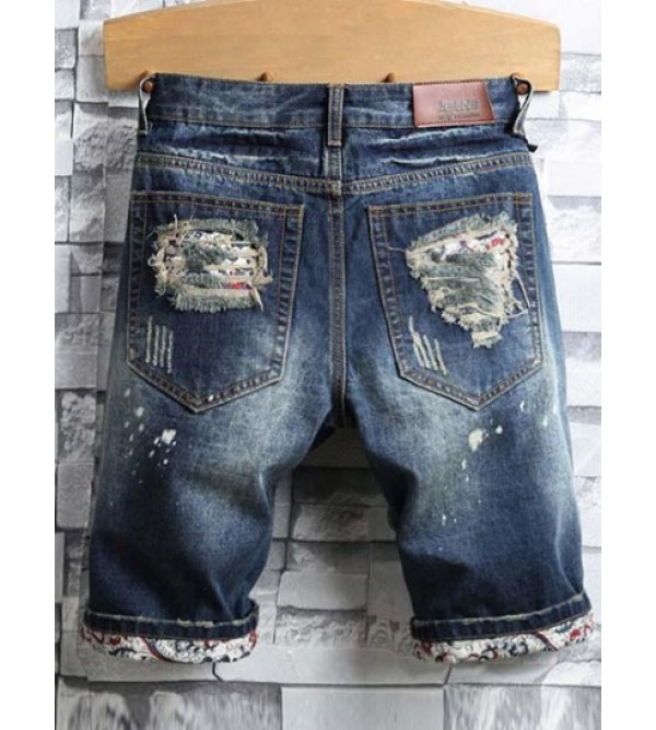 Splash Print Frayed Ripped Denim Shorts