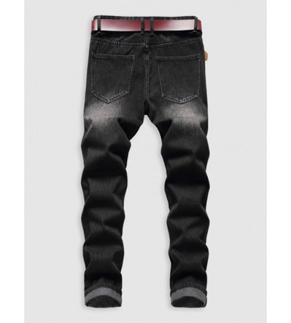 Black Ripped Zipper Fly Pockets Jeans