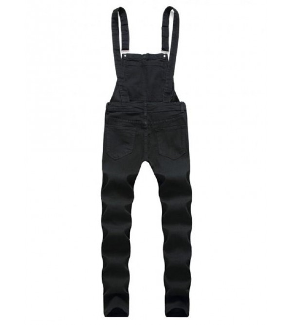 Solid Color Ripped Zipper Denim Overalls