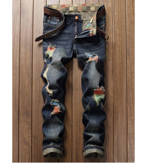 Colorful Destroy Wash Scratch Long Casual Ripped Jeans