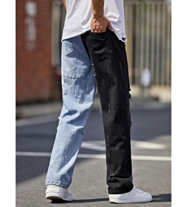 Ripped Straight Leg Two Tone Jeans