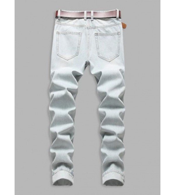 Light Color Ripped Pockets Zipper Fly Jeans