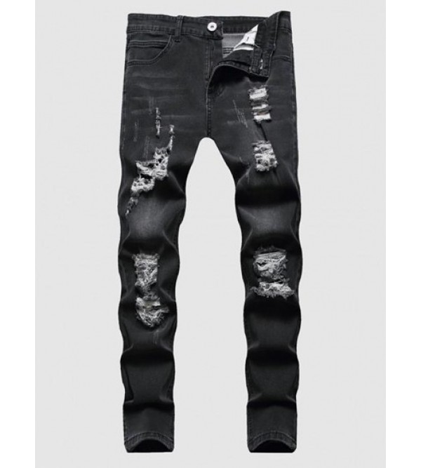 Destroyed Straight Leg Zipper Fly Jeans