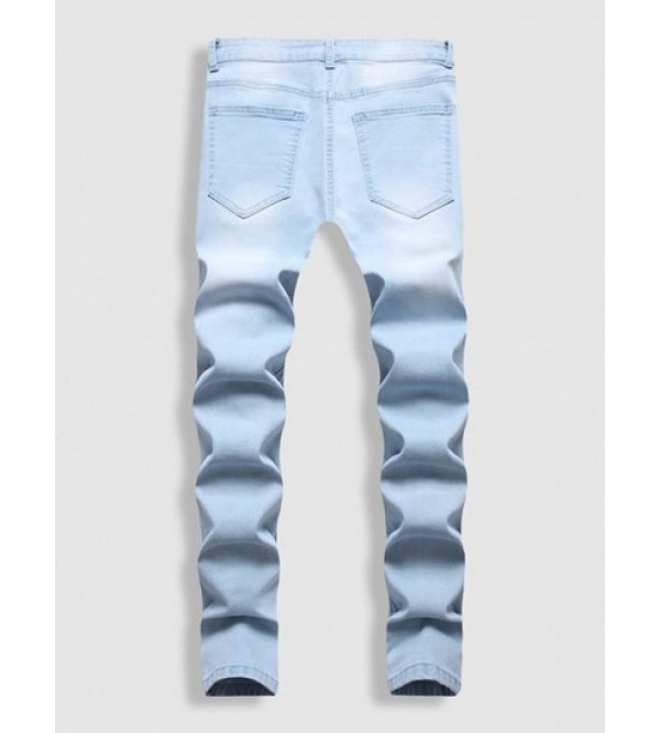 Faded Ribbed Casual Pockets Zipper Jeans