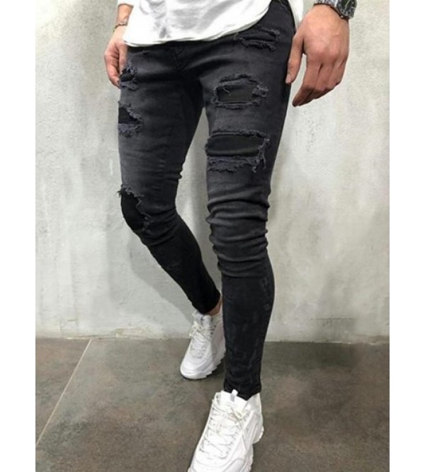 Solid Color Ripped Patch Casual Jeans