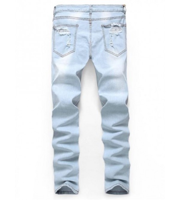 Distressed Long Floral Embroidery Ripped Jeans