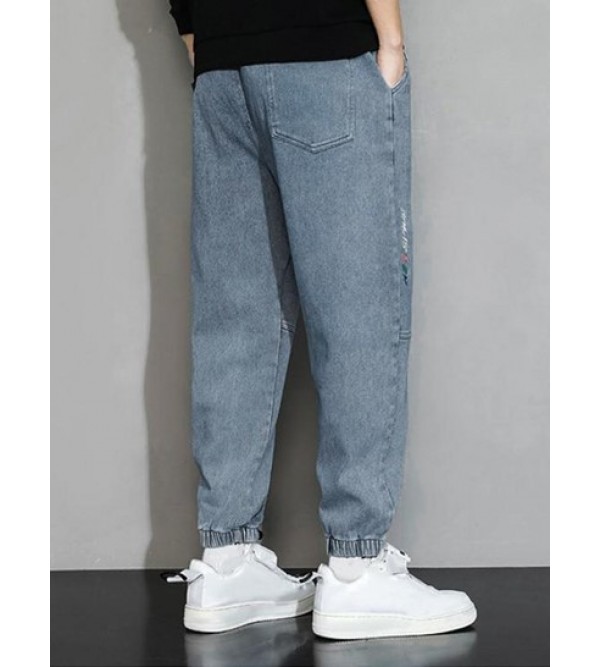 Letter Embroidered Pocket Baggy Jogger Jeans