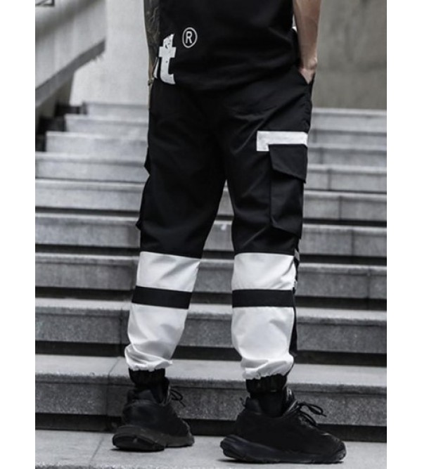 Letter Print Colorblock Drawstring Cargo Jogger Pants