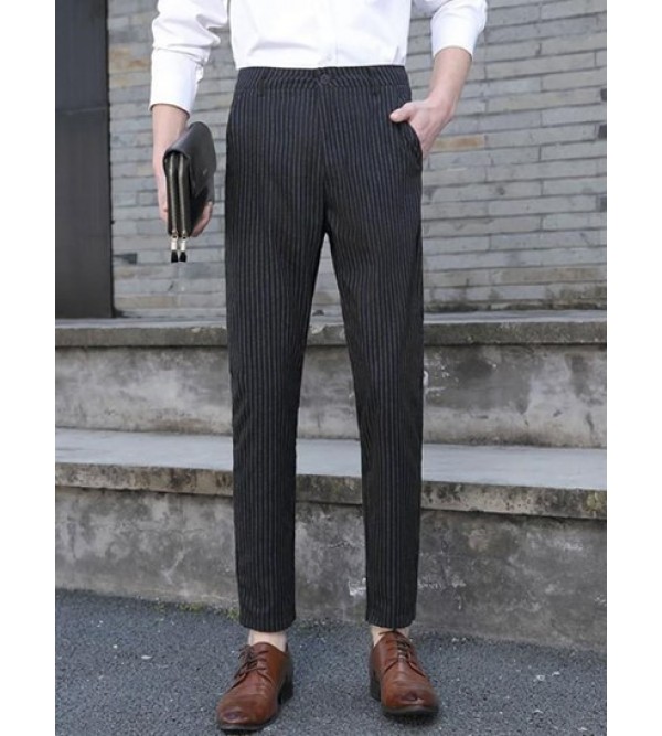 Vertical Striped Pockets Tapered Office Pants