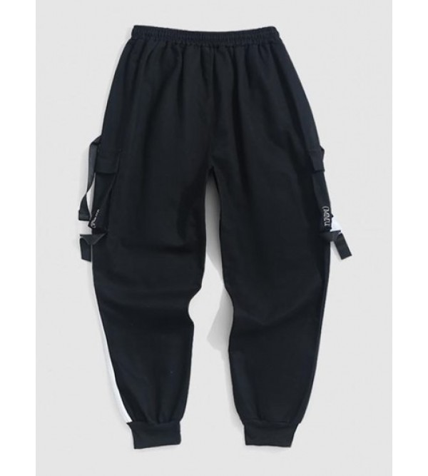 Colorblock Pockets Letter Print Drawstring Cargo Shorts