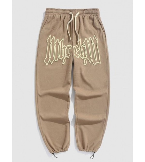 Textured Drawstring Letter Graphic Straight Pants