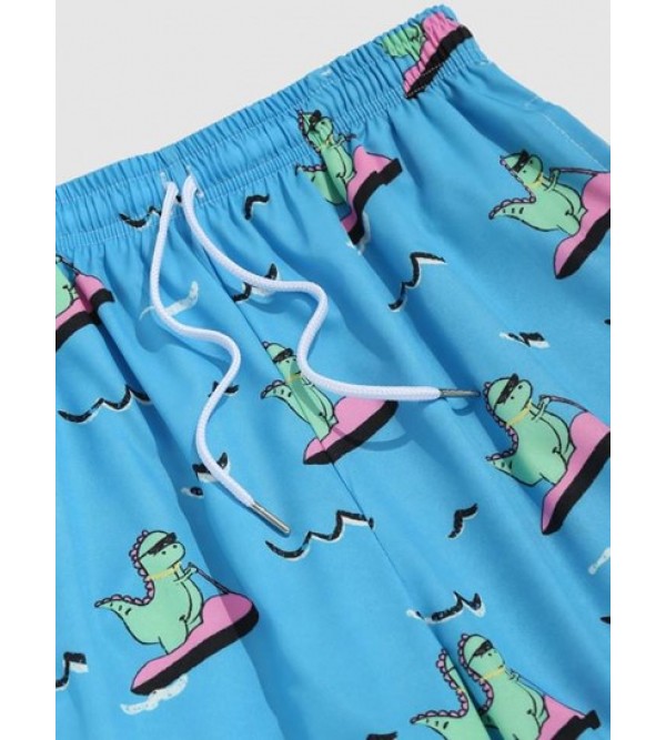 Cartoon Dinosaur Printed Drawstring Beach Shorts
