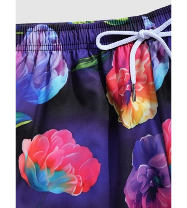 Floral Print Pocket Drawstring Beach Shorts