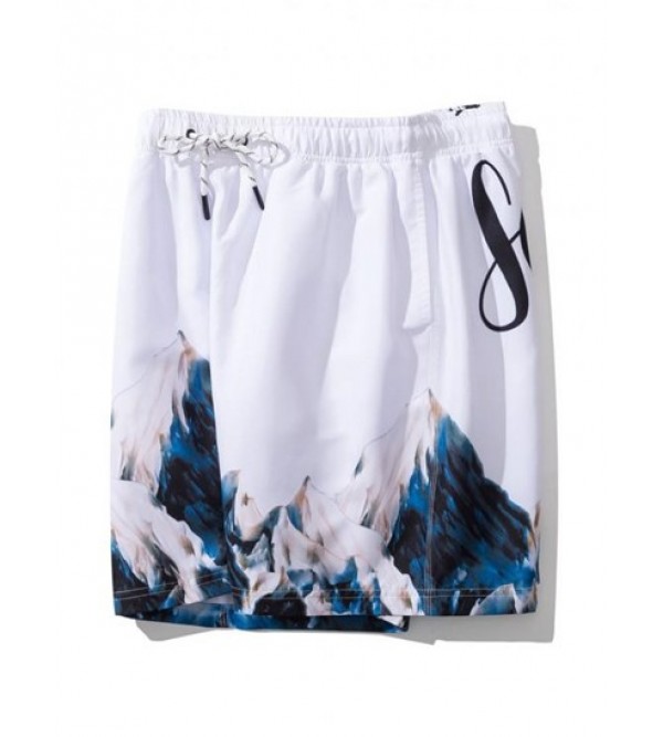 Mountain Painting Letter Print Drawstring Casual Shorts