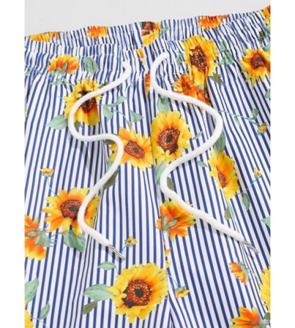 Vertical Striped Sunflower Print Board Shorts