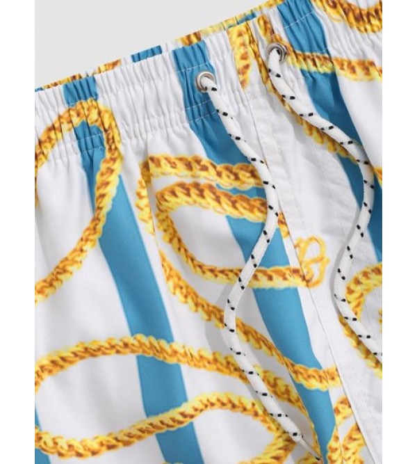 Contrasting Stripe Chain Print Vacation Shorts