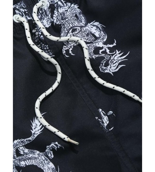 Chinese Style Dragon Print Vacation Beach Drawstring Shorts