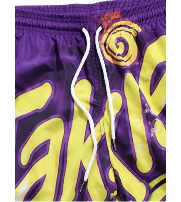 Letter Graphic Print Drawstring Beach Shorts