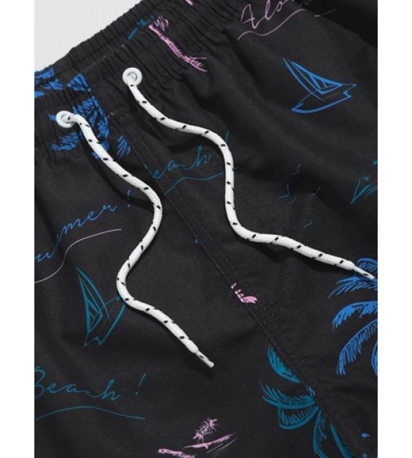 Hawaiian Letter Coconut Tree Graphic Print Drawstring Beach Shorts