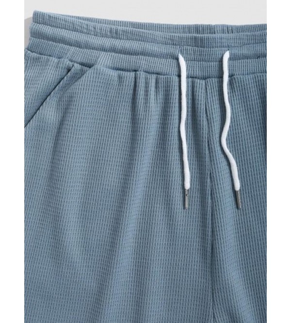 Textured Drawstring Solid Color Causal Shorts