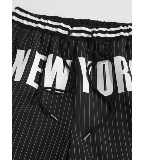 Streetwear Pinstripes NEW YORK Pattern Drawstring Shorts