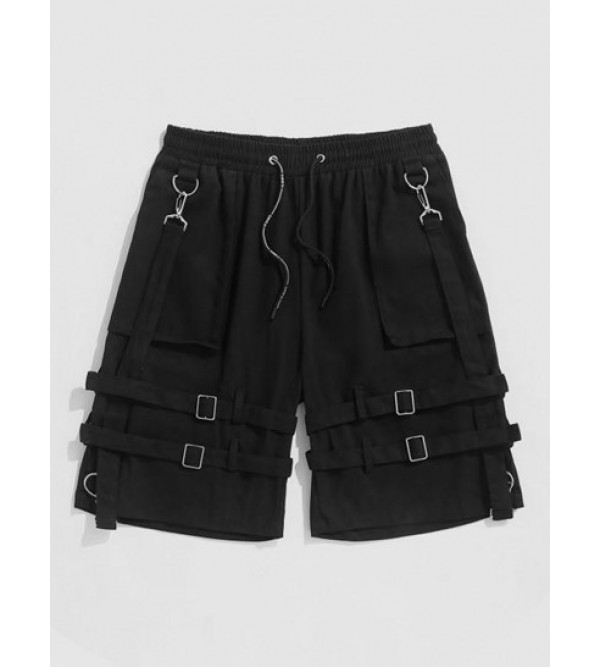 Buckle Strap Drawstring Cargo Shorts