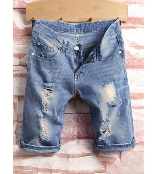 Splash Paint Pattern Destroyed Denim Shorts