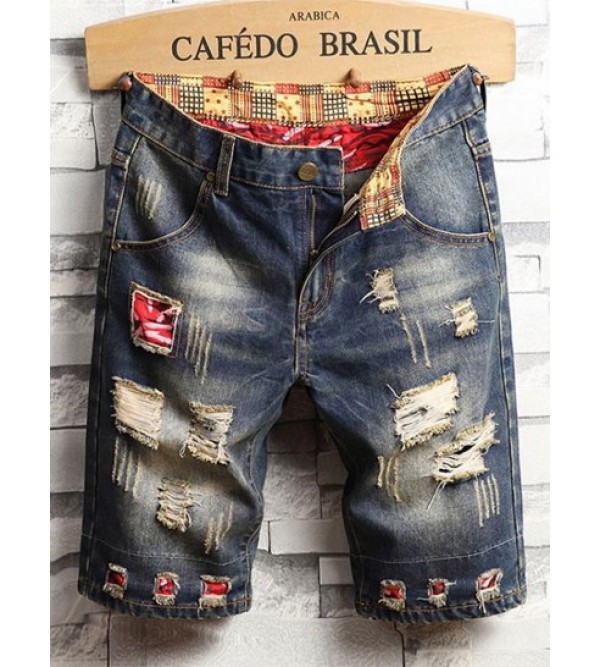 Patchwork Design Destroyed Denim Shorts