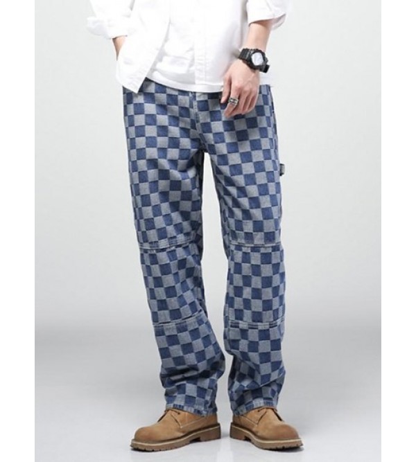 Y2K Aesthetic Checkerboard Print Straight Leg Carpenter Jeans
