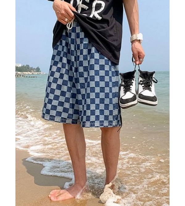 Checkerboard Pattern Drawstring Denim Shorts