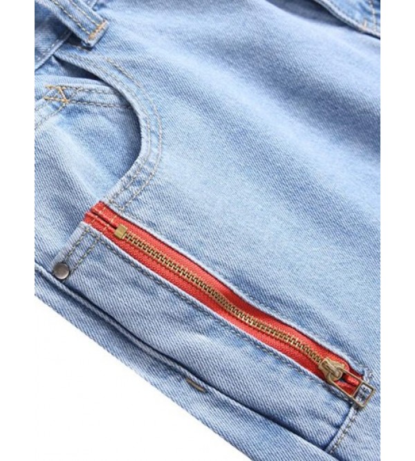 Zipper Embellishment Light Wash Ripped Jeans