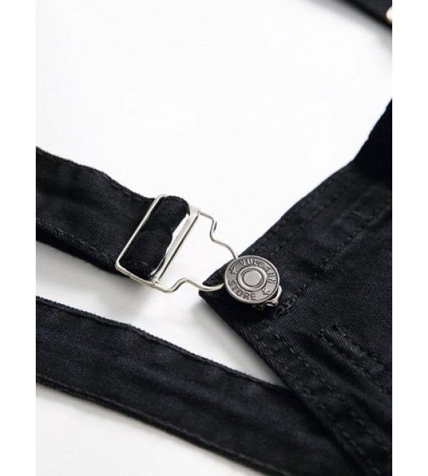 Solid Color Ripped Zipper Denim Overalls