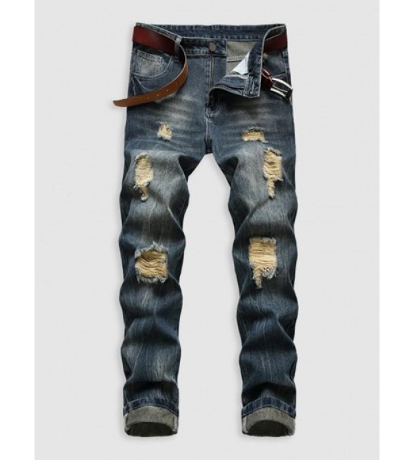 Retro Ripped Pockets Zipper Fly Jeans