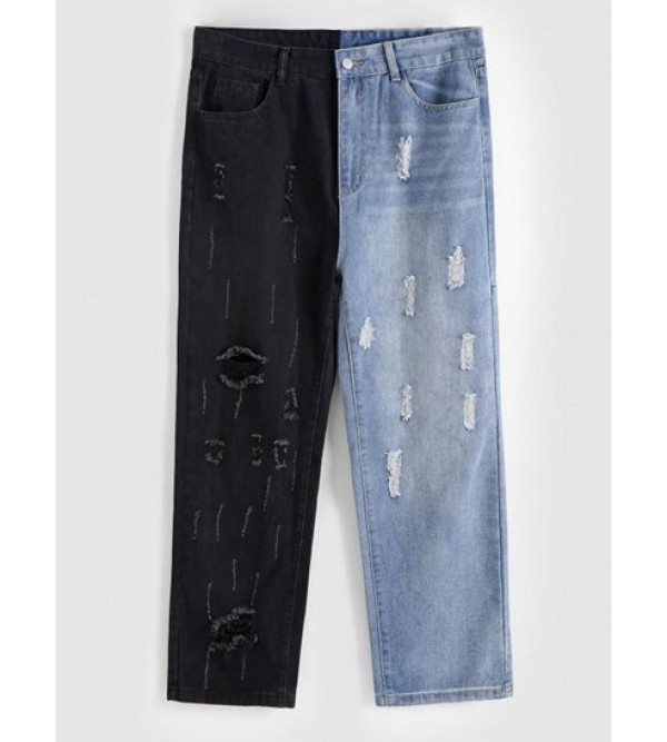 Ripped Straight Leg Two Tone Jeans